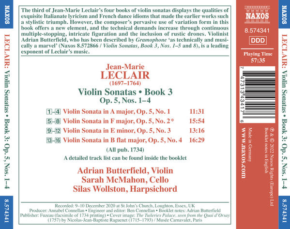 Jean-Marie Leclair, Adrian Butterfield, Sarah McMahon, Silas Wollston : Violin Sonatas • Book 3: Op.5, Nos. 1-4 (CD, Album)