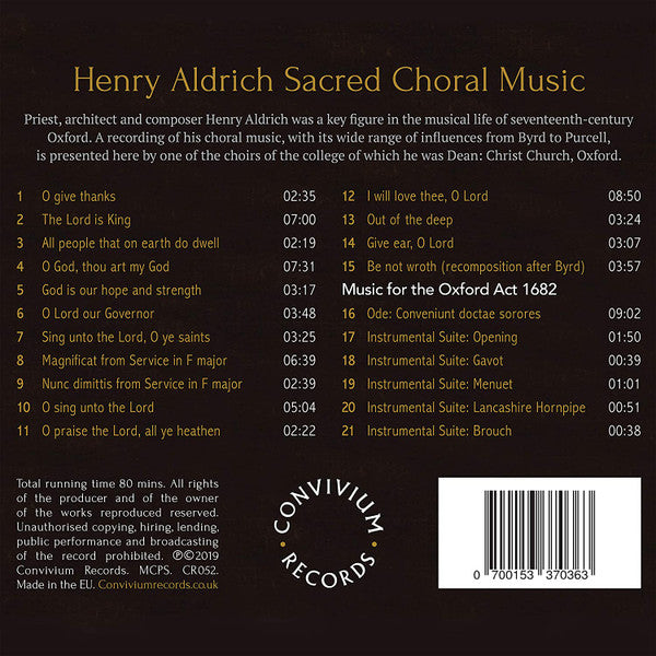 Henry Aldrich, James Morley Potter Directs The Choir Of Christ Church Cathedral With Organist David Bannister And The Restoration Consort : Sacred Choral Music (CD, Album)
