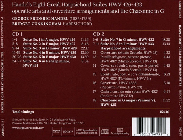 Georg Friedrich Händel, Bridget Cunningham : Handel's Eight Great Harpsichord Suites (2xCD)