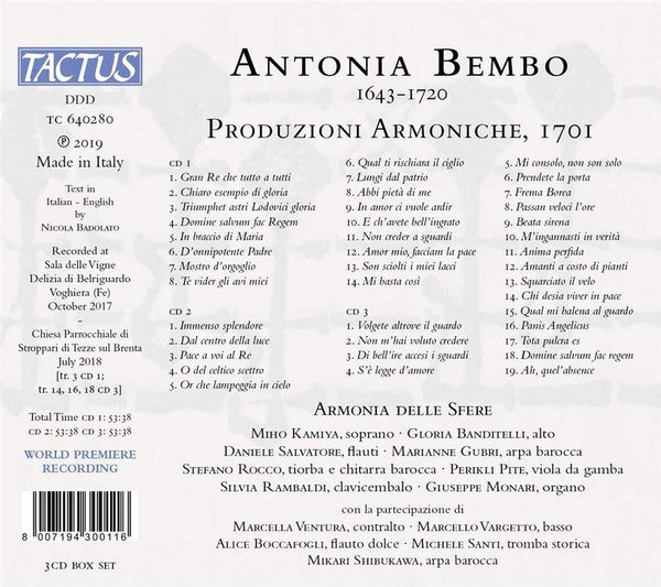 Antonia Bembo - Armonia delle Sfere : Produzioni Armoniche, 1701 (3xCD, Album, Dig)