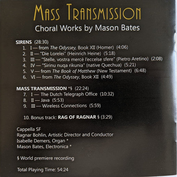 Mason Bates, Cappella SF, Ragnar Bohlin : Mass Transmission. Choral Works by Mason Bates (CD, Album)