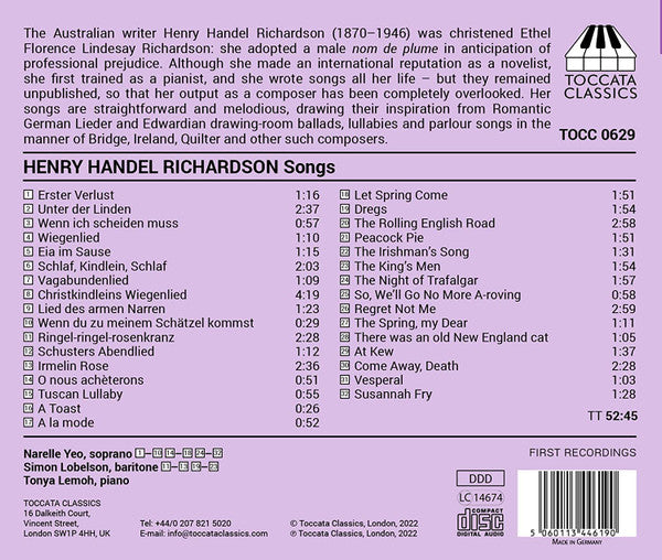 Henry Handel Richardson - Narelle Yeo, Simon Lobelson, Tonya Lemoh : Let Spring Come And Other Songs (CD, Album)