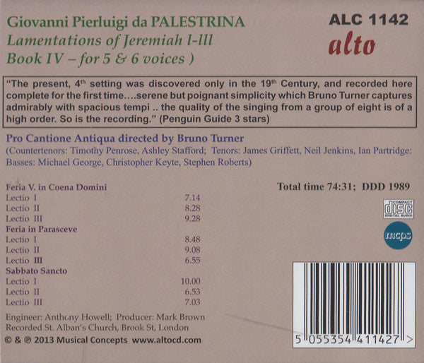 Giovanni Pierluigi da Palestrina, Pro Cantione Antiqua, Bruno Turner : Lamentations Of Jeremiah Book Four (CD, Album)