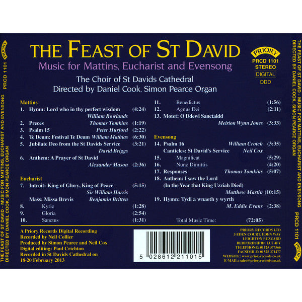 The Choir Of St. Davids Cathedral, Daniel Cook (2), Simon Pearce (5) : The Feast Of St. David: Music For Mattins, Eucharist And Evensong (CD, Album)