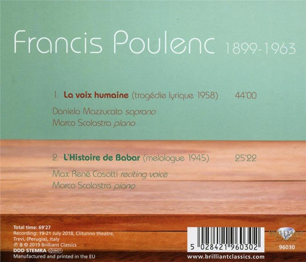 Francis Poulenc - Daniela Mazzuccato, Max René Cosotti, Marco Scolastra : La Voix Humaine; L'Histoire De Babar (CD, Album)
