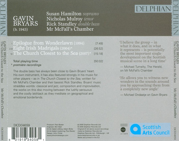 Gavin Bryars - Susan Hamilton (2), Nicholas Mulroy, Mr McFall's Chamber : Epilogue From Wonderlawn; Eight Irish Madrigals; The Church Closest To The Sea (CD, Album)