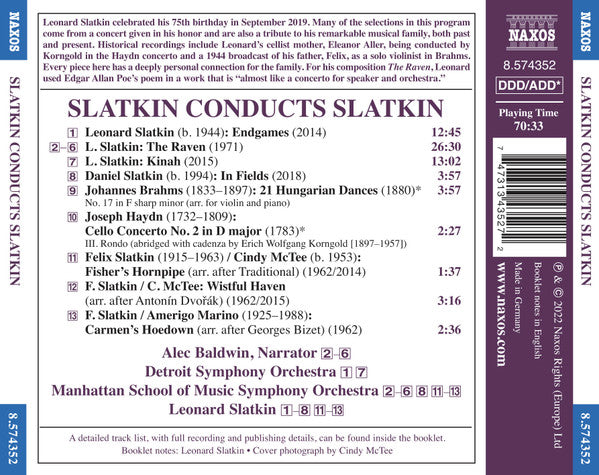 Leonard Slatkin, Alec Baldwin, Detroit Symphony Orchestra, Manhattan School of Music Symphony Orchestra : Slatkin Conducts Slatkin: The Raven • Endgames • Kinah • In Fields (CD, Album)