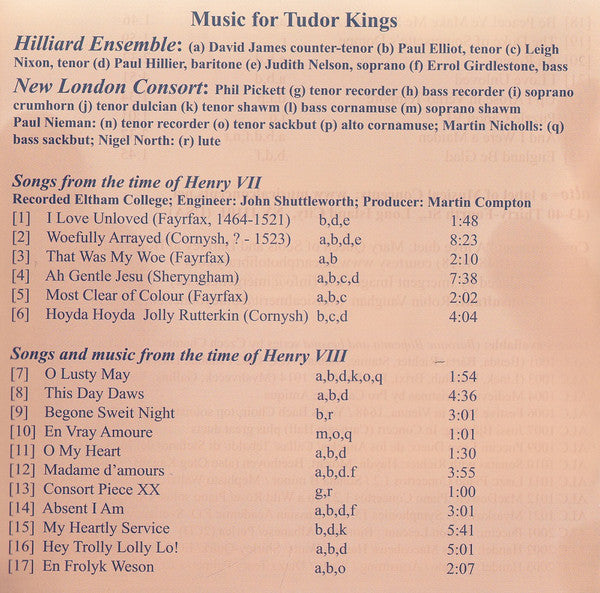The Hilliard Ensemble, New London Consort : Music For Tudor Kings: Henry VII & Henry VIII (CD, Album, RE)
