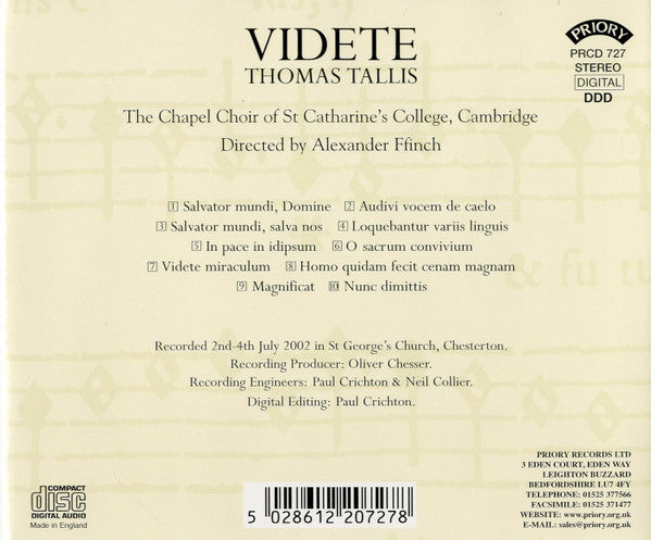 Thomas Tallis, The Choir Of St. Catharine's College, Cambridge, Alexander Ffinch : Videte (CD, Album)