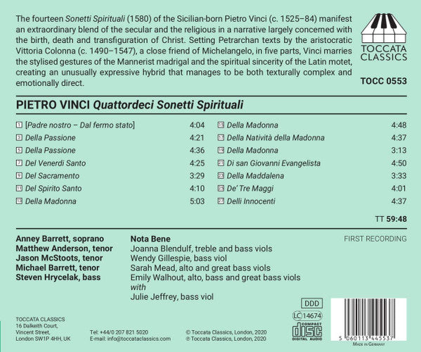 Pietro Vinci - Nota Bene (16), Sarah Mead With Anney Barrett, Matthew Anderson (7), Jason McStoots, Michael Barrett (2), Steven Hrycelak And Julie Jeffrey : Quattordeci Sonetti Spirituali Della Illustrissima Et Eccellentissima Divina Vittoria Colonna (CD, Album)