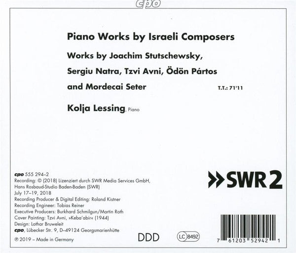 Joachim Stutschewsky ∙ Sergiu Natra ∙ Tzvi Avni ∙ Ödön Pártos ∙ Mordecai Seter - Kolja Lessing : Piano Works By Israeli Composers (CD, Album)