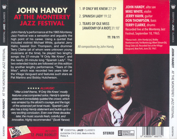 John Handy : Recorded Live At The Monterey Jazz Festival (CD, Album, RE, RM)