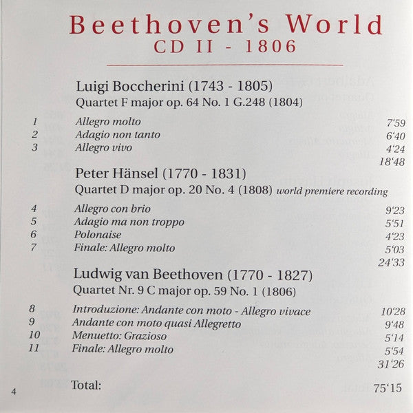 casalQuartet, Ludwig van Beethoven, Adalbert Gyrowetz, Joseph Haydn, Peter Hänsel, Luigi Boccherini, Gaetano Donizetti, Felix Mendelssohn-Bartholdy, Robert Schumann, Carl Czerny : Beethovens Welt 1799 - 1851 / Der Revolutionär & Seine Rivalen (5xCD)
