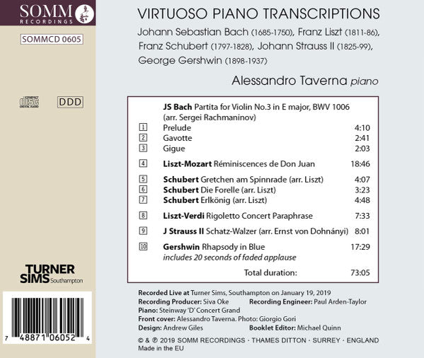 Johann Sebastian Bach, Franz Liszt, George Gershwin, Alessandro Taverna : Virtuoso Piano Transcriptions (CD, Album)
