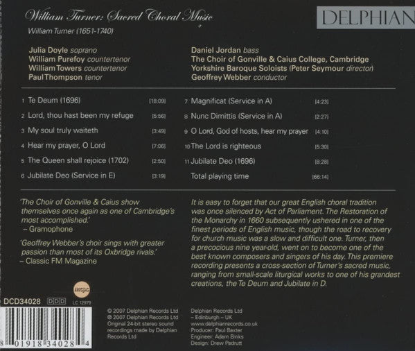 William Turner, The Choir Of Gonville & Caius College, Yorkshire Baroque Soloists, Geoffrey Webber : William Turner: Sacred Choral Music (CD, Album)