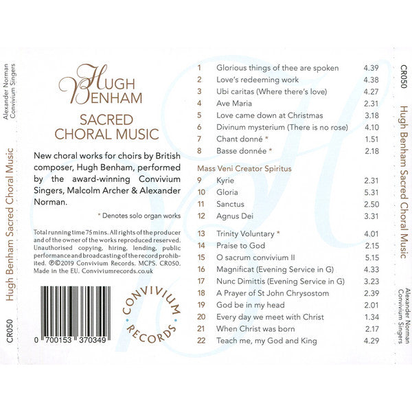 Hugh Benham, Alexander Norman Directs Convivium Singers With Organist Malcolm Archer : Sacred Choral Music (CD, Album)