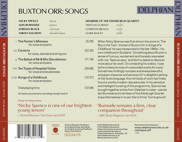 Buxton Orr, Nicky Spence, Iain Burnside, Jordan Black (2), Edinburgh String Quartet, Nikita Naumov : Buxton Orr: Songs (CD, Album)