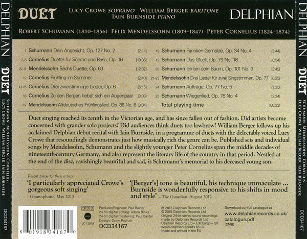 Lucy Crowe, William Berger, Iain Burnside, Robert Schumann, Felix Mendelssohn-Bartholdy, Peter Cornelius (2) : Duet (CD, Album)