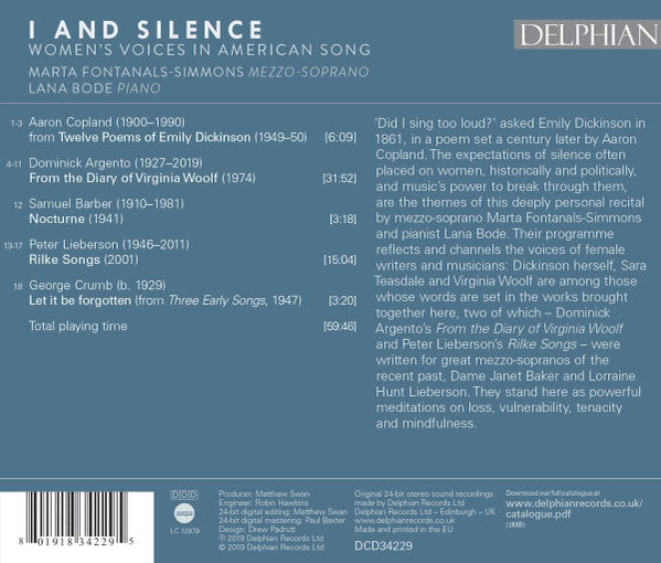 Marta Fontanals, Lana Bode : I And Silence: Women’s Voices In American Song (CD, Album)