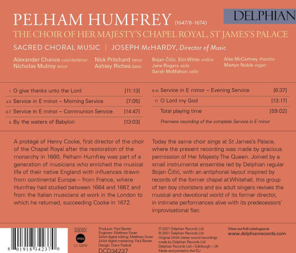 Pelham Humfrey, The Choir Of Her Majesty's Chapel Royal, Joseph McHardy : Sacred Choral Music (CD, Album)