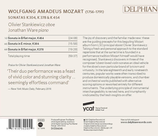Wolfgang Amadeus Mozart, Olivier Stankiewicz : Mozart Violin Sonatas K304 K378 K454   (CD, Album)