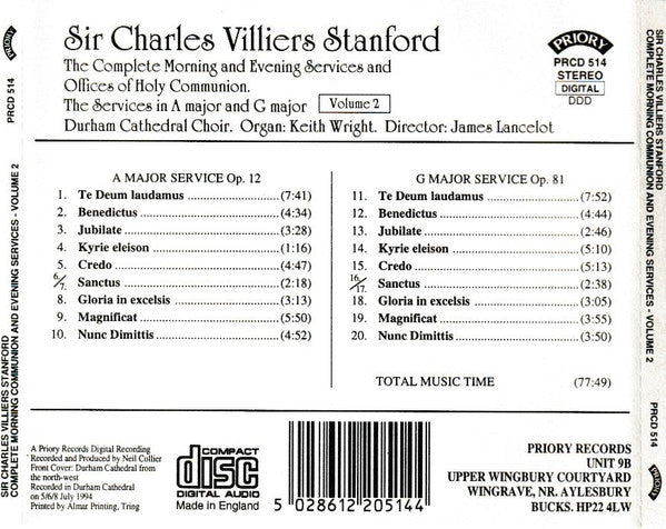 Charles Villiers Stanford, Durham Cathedral Choir : The Complete Morning And Evening Services And Offices For Holy Communion Volume 2 (CD)