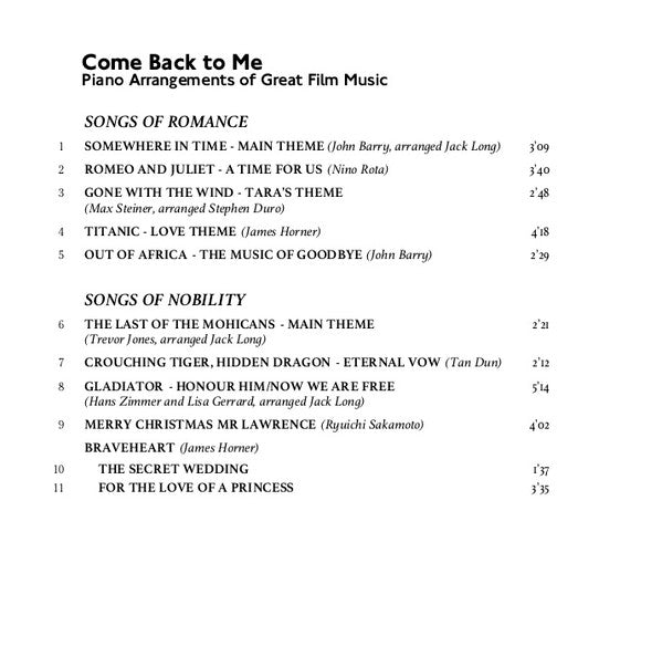 Jane Ng Chee Yean : Come Back To Me: Piano Arrangements Of Great Film Music (CD, Album)