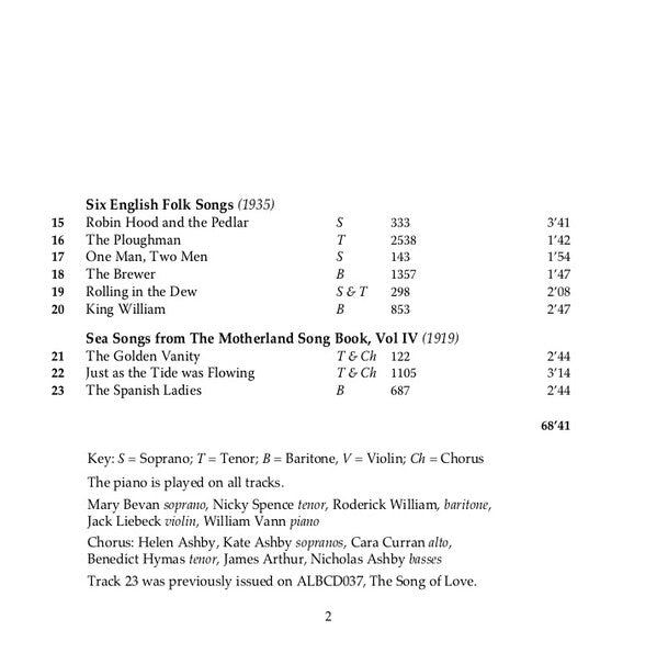 Ralph Vaughan Williams, Mary Bevan, Nicky Spence, Roderick Williams (3), Jack Liebeck, William Vann : Folk Songs Volume 1 (CD, Album)