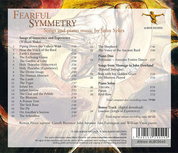 John Austin Sykes, Rowan Pierce (2), Gareth Brynmor John, Iain Farrington, William Vann : Fearful Symmetry: Songs And Piano Music By John Sykes   (CD, Album)