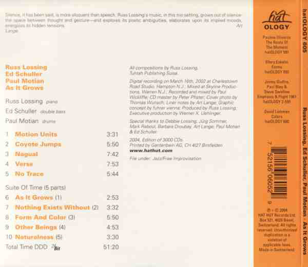 Russ Lossing, Ed Schuller, Paul Motian : As It Grows (CD, Album)