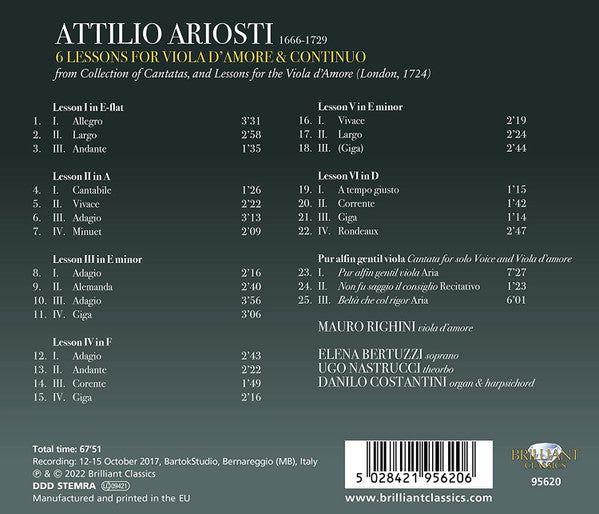 Attilio Ariosti - Mauro Righini, Elena Bertuzzi, Ugo Nastrucci, Danilo Costantini : 6 Lessons For Viola D'Amore & Continuo / Pur Alfin Gentil Viola (CD, Album)