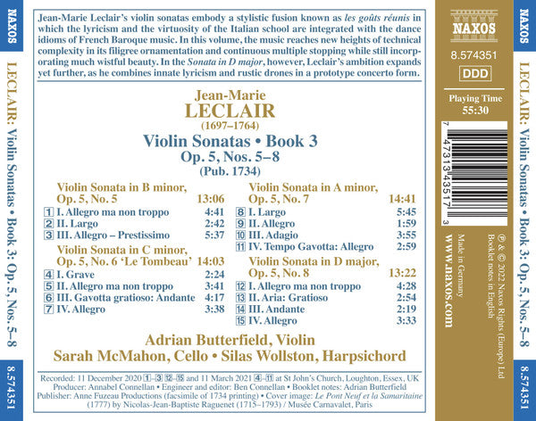 Jean-Marie Leclair, Adrian Butterfield, Sarah McMahon, Silas Wollston : Violin Sonatas • Book 3:  Op. 5, Nos. 5–8 (CD, Album)