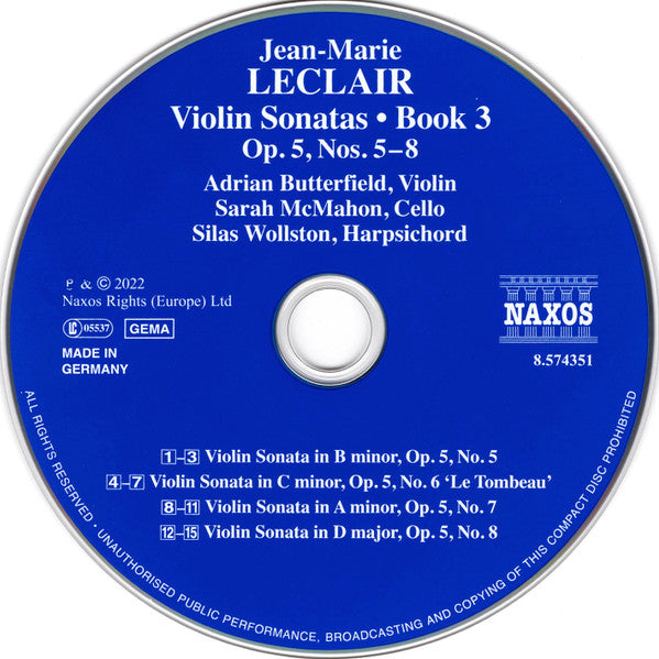 Jean-Marie Leclair, Adrian Butterfield, Sarah McMahon, Silas Wollston : Violin Sonatas • Book 3:  Op. 5, Nos. 5–8 (CD, Album)