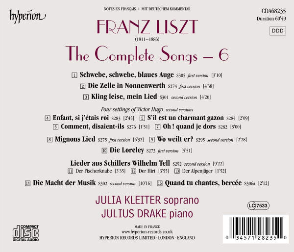 Franz Liszt, Julia Kleiter, Julius Drake : The Complete Songs, Volume 6 (CD, Album)
