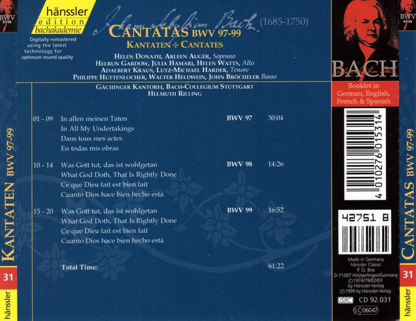 Johann Sebastian Bach : Cantatas BWV 97-99 (CD, RM)