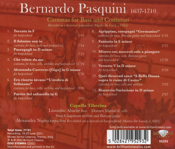 Bernardo Pasquini, Capella Tiberina, Lisandro Abadie, Alexandra Nigito : L'Ombra Di Solimano - Cantatas For Bass And Continuo (CD)