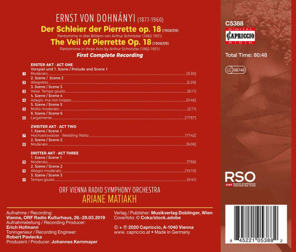 Ernst von Dohnányi, ORF Radio-Symphonieorchester Wien, Ariane Matiakh : The Veil Of Pierrette = Der Schleier Der Pierrette (CD, Album)