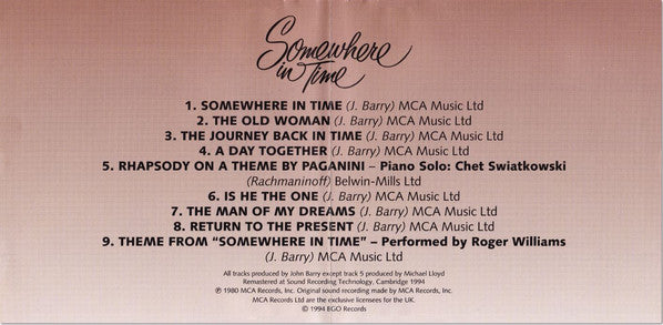 John Barry : Somewhere In Time (Original Motion Picture Soundtrack) (CD, Album, RE)