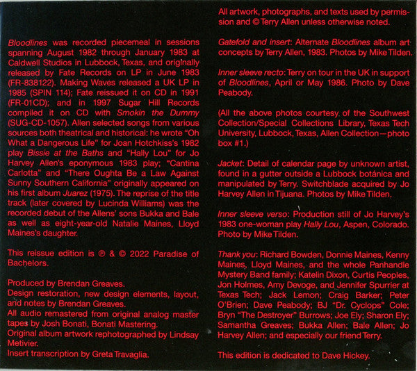 Terry Allen & The Panhandle Mystery Band : Bloodlines (CD, Album, RM)