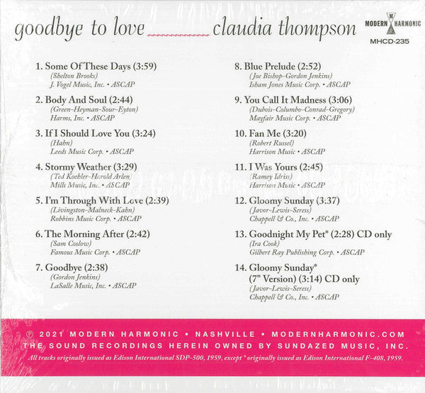 Claudia Thompson (2) : Goodbye To Love (CD, Album, RE)