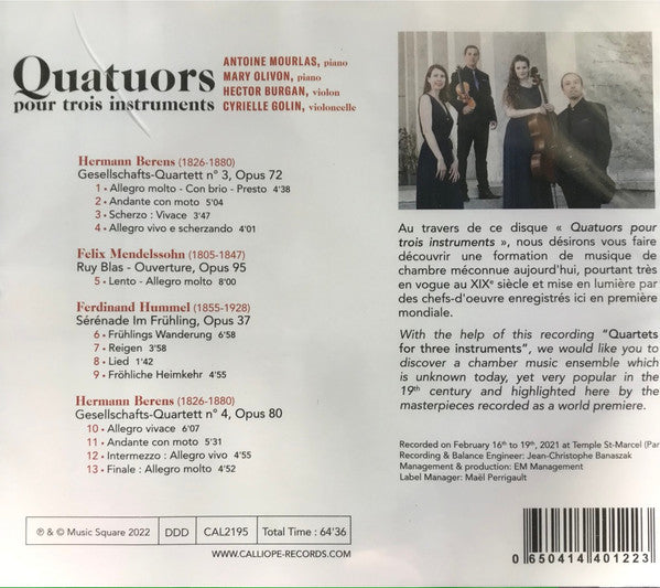 Antoine Mourlas, Mary Olivon, Hector Burgan, Cyrielle Golin : Quatuors Pour Trois Instruments (CD, Album)