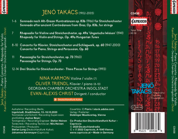Jenő Takács, Nina Karmon, Oliver Triendl, Chamber Orchestra Of Georgia, Evan Christ : Piano Concerto / Rhapsody For Violin / Passacaglia / Serenade / Three Pieces For Strings (CD)
