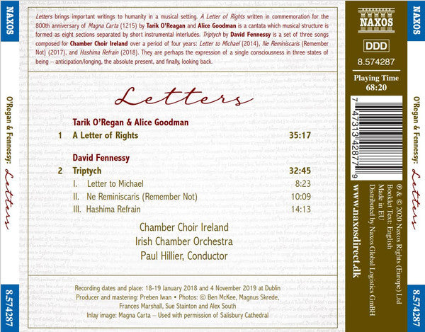 Tarik O'Regan, Alice Goodman, David Fennessy, Chamber Choir Ireland, Irish Chamber Orchestra, Paul Hillier : Letters (CD)