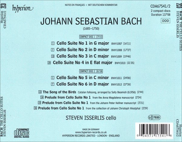 Johann Sebastian Bach - Steven Isserlis : The Cello Suites (2xCD, Album)