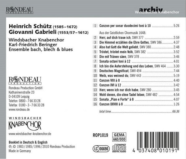 Heinrich Schütz, Giovanni Gabrieli - Windsbacher Knabenchor, Karl-Friedrich Beringer, Bach, Blech & Blues : Heinrich Schütz, Giovanni Gabrieli (CD, RE)