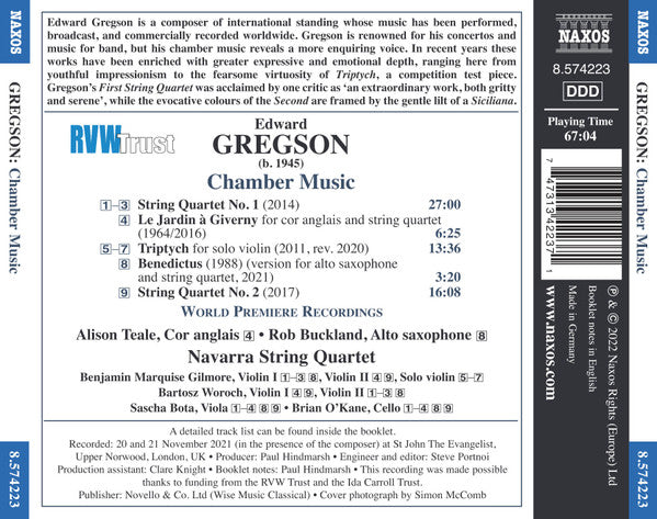 Edward Gregson, Navarra String Quartet, Benjamin Marquise Gilmore, Alison Teale, Rob Buckland : Chamber Music (CD, Album)