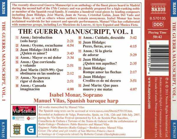 Isabel Monar, Manuel Vilas : The Guerra Manuscript, Volume 1 (17th Century Secular Spanish Vocal Music) (CD, Album)