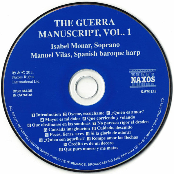 Isabel Monar, Manuel Vilas : The Guerra Manuscript, Volume 1 (17th Century Secular Spanish Vocal Music) (CD, Album)