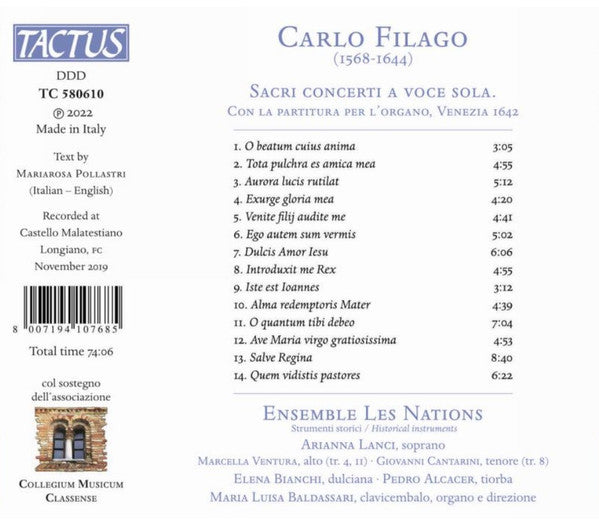 Carlo Filago – Ensemble Les Nations : Sacri Concerti A Voce Sola, 1642  (CD)