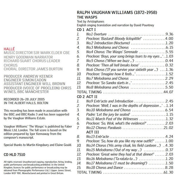 Ralph Vaughan Williams  -  Henry Goodman ,  Hallé Orchestra ,  Mark Elder (2) : The Wasps (2xCD, Enh)